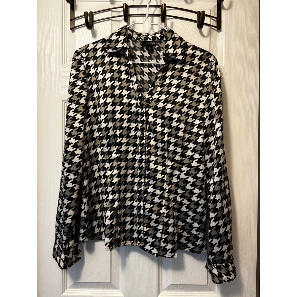 East 5th Womens Houndstooth Button Down Blouse Black White Grey Size M